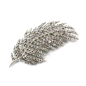 Silvertone Feather Pin - with Clear Rhinestones